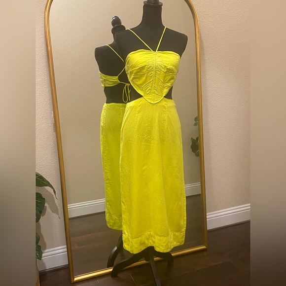 Farm Rio Monstera Open-Back Halter Linen Blend Midi Dress Size M - Picture 2 of 13